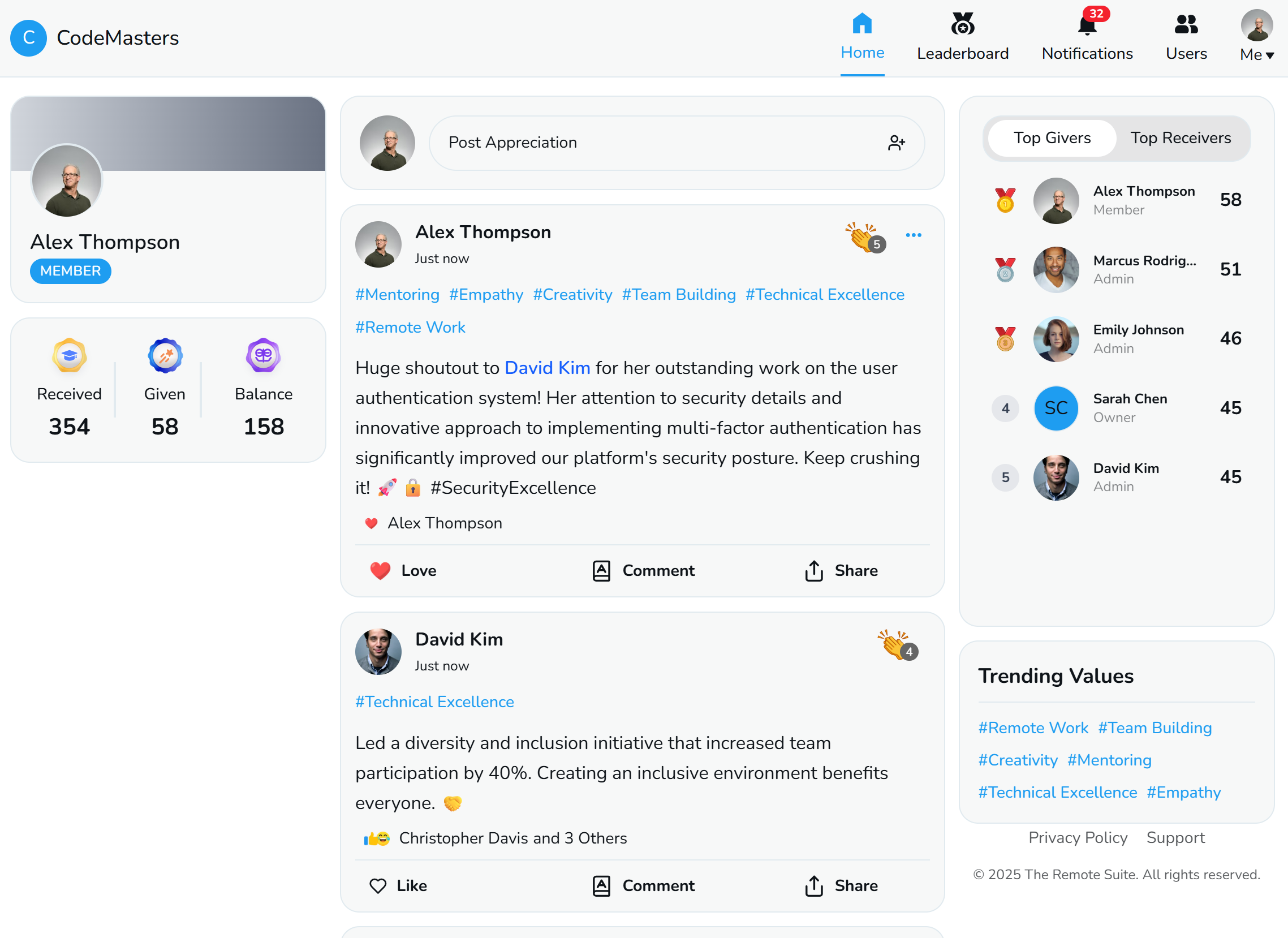 The Remote Suite employee recognition dashboard showing team engagement, claps, and company values